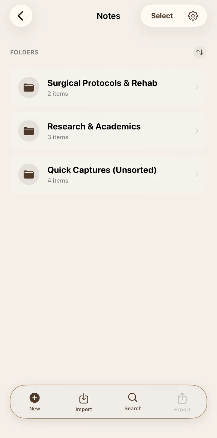 A list of note folders in CaseSafe, named Surgical Protocols and Rehab, Research and Academics, and Quick Captures.